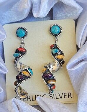 Santa Fe Style Kingman Turquoise & Multi gems Earrings 925 SilverTwisted drop